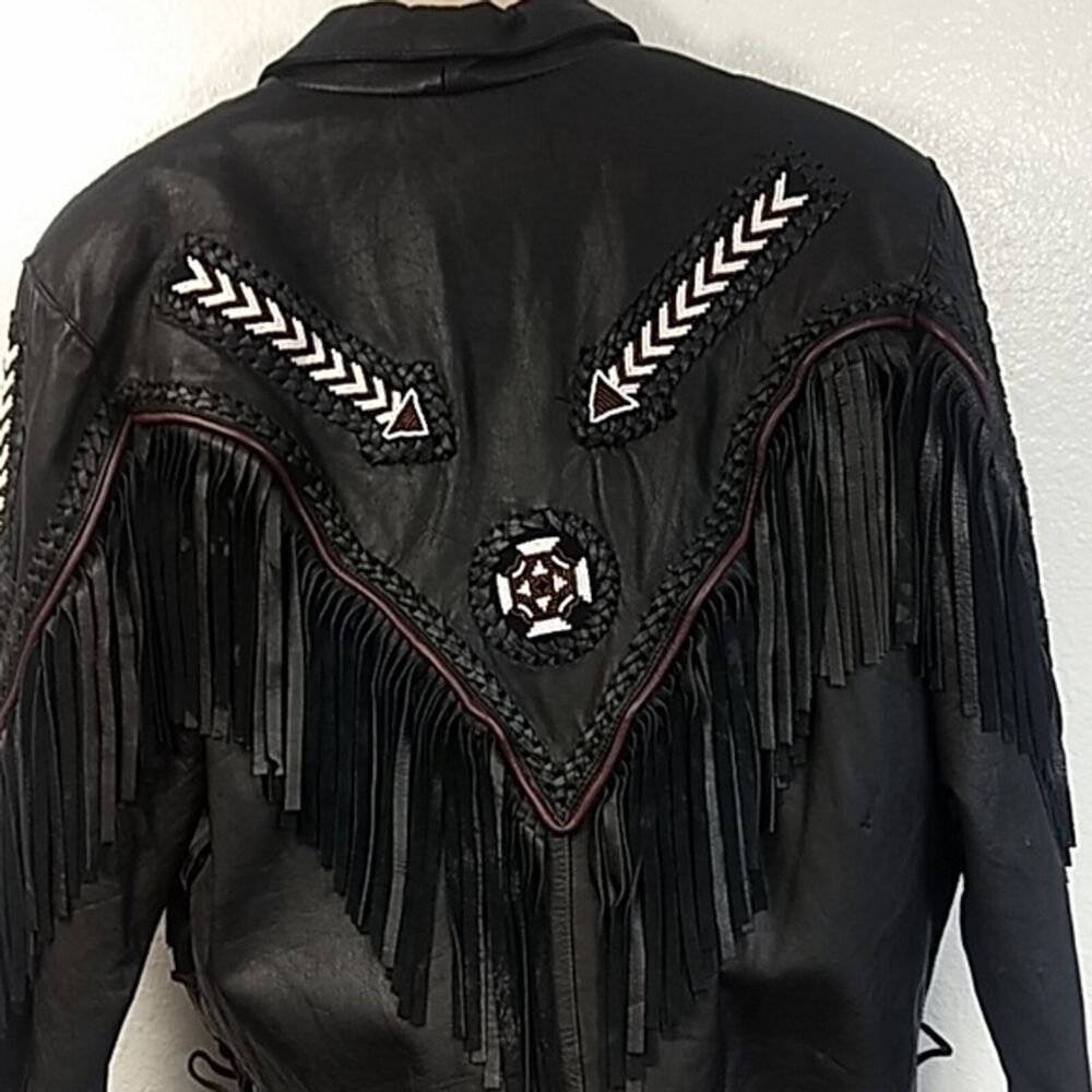 Biker Cowgirl Route 66 highway leather black VTG women fringe jacket sz 18 beads